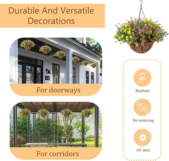 Artificial Hanging Flowers Basket for Outdoor, 16 Fake Flowers Look Real UV Resistant, Faux Hanging Plants for Porch, Balcony, Patio, Garden, Spring Summer Decor,MixB
