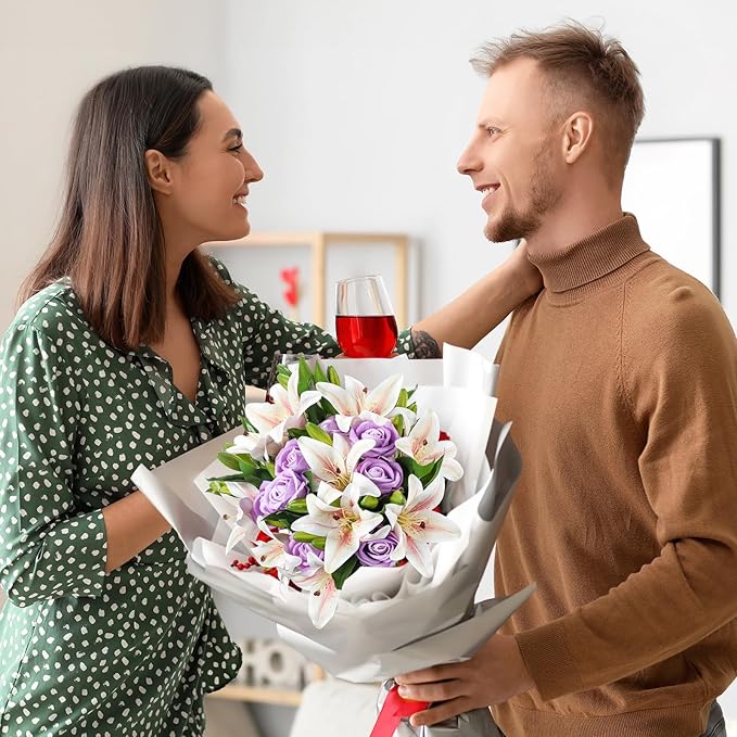 Hotop 20 Pcs Artificial Flowers Velvet Realistic Roses and Latex Lilies Flowers Bouquet Decorations Arrangements for Home Table Centerpieces Independence Day(Purple, White)