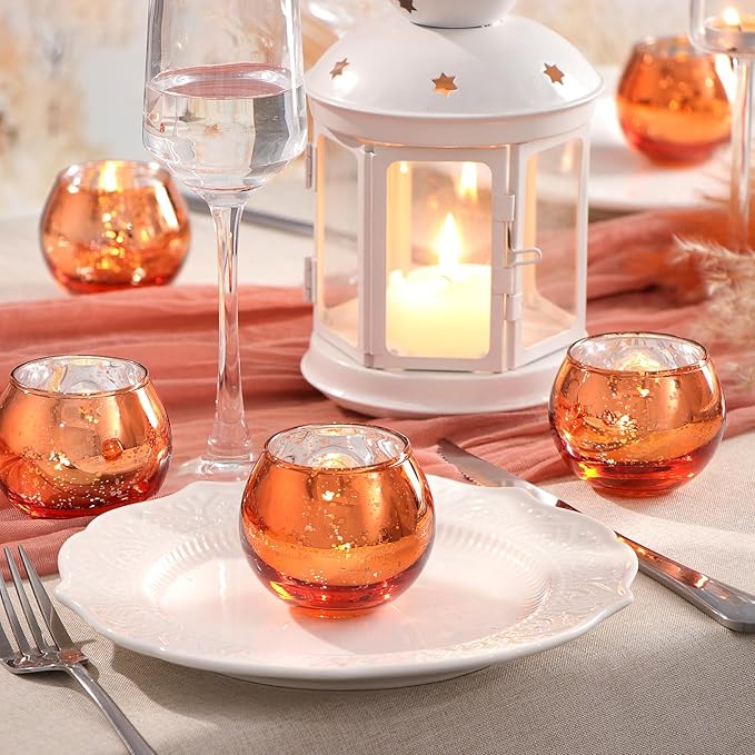 LAMORGIFT 24 Pcs Fall Tealight Candle Holders- Mercury Votive Candle Holders for Burnt OrangeTable Decorations, Terracotta Decor Glass Votives for Fall Party Boho Wedding Table Centerpieces