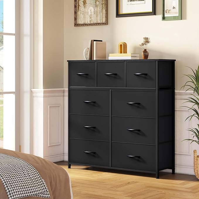YITAHOME 9 Drawers Fabric Dresser, Dresser for Room, Black Chest of Drawers, Storage Tower Organizer Unit for Living Room, Closets - Sturdy Steel Frame, Wooden Top & Easy Pull Fabric Bins