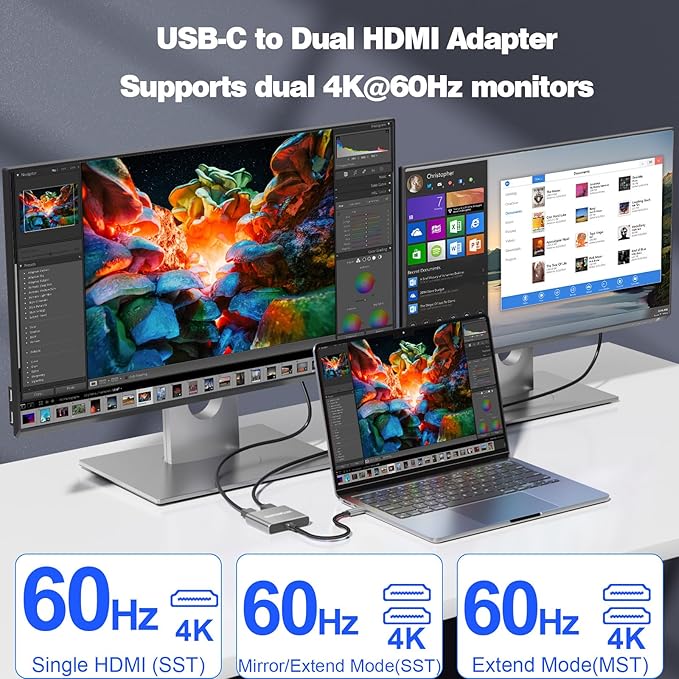 USB C to Dual HDMI Adapter, 4K@60Hz Dual Monitor Adapter for Extended & Mirror Display, HDMI Splitter Compatible with MacBook Pro/Air, Dell, HP, and Lenovo laptops