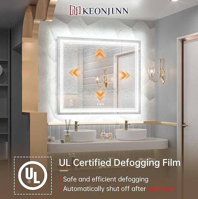 Keonjinn Bathroom LED Mirror 42 x 36 Inch Frontlit and Backlit, Stepless 3 Colors Temperature & Dimmable Tempered Glass Mirror, UL Listed LED Driver, Double LED Strips, Anti-Fog Lighted Vanity Mirror