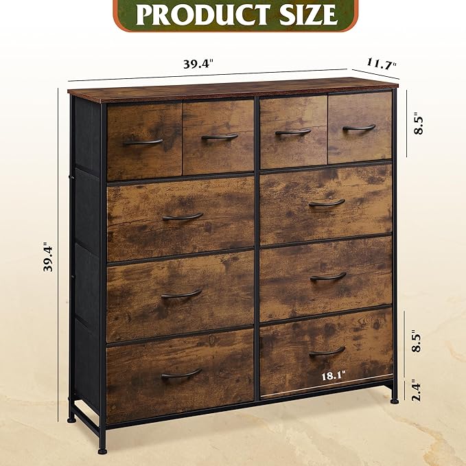 WLIVE Dresser for Bedroom with 10 Drawers, Wide Fabric Dresser for Storage and Organization, Bedroom Dressers, Chest of Drawers for Living Room, Closet, Hallway, Rustic Brown Wood Grain Print