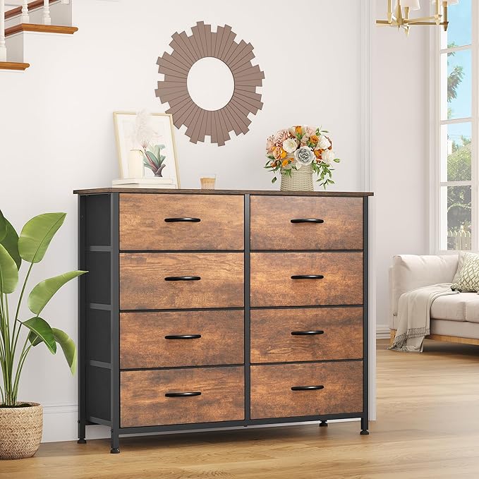YITAHOME 8 Drawers Fabric Dresser, Wide Storage Tower Cabinet, Organizer for Bedroom, Living Room, Hallway, Closet, Sturdy Steel Frame, Wooden Top, Easy-to-Pull Fabric Bins (Earthy Brown)