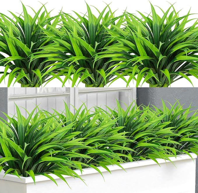 Ouddy Decor 20 Pcs Fake Outdoor Plants Artificial Grass Greenery Stems Faux Plastic Plants UV Resistant for Indoor Outside Garden Hanging Planter Pathway Porch Patio Window Box Home Decor, Green