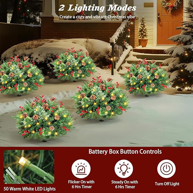 Lewondr Set of 2 Prelit Pathway Christmas Trees, 20.87" Outdoor Christmas Tree with 50 LED Lights, Pine Cones Red Berries, Battery Operated Outdoor Xmas Decor for Yard Home Porch