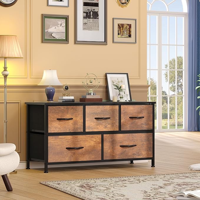 DWVO Dresser for Room with 5 Drawers - Fabric Storage Tower, Long Fabric Dresser, Organizer Unit for Closet, Hallway