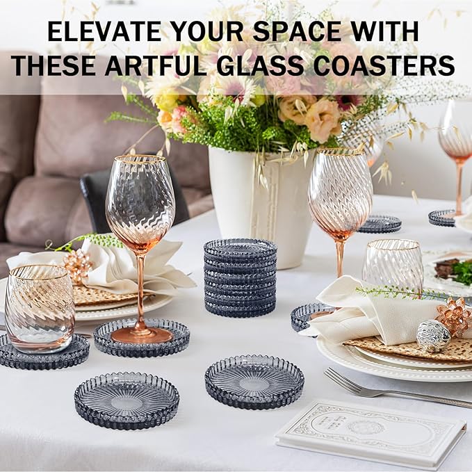 Glass Candle Holders, GOH DODD Set of 8 Crystal Pillar Plates Modern Coasters for Drinks, Centerpiece, Home Decor, Kitchen, Living Room, Patio, Wedding, Halloween, Christmas, Party, Clear Black