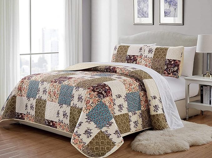 Fancy Collection 3 Pc Quilted Bedspread Over Size New (King/California King, Beige Green Turquoise Purple Floral)