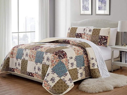Fancy Collection 3 Pc Quilted Bedspread Over Size New (King/California King, Beige Green Turquoise Purple Floral)