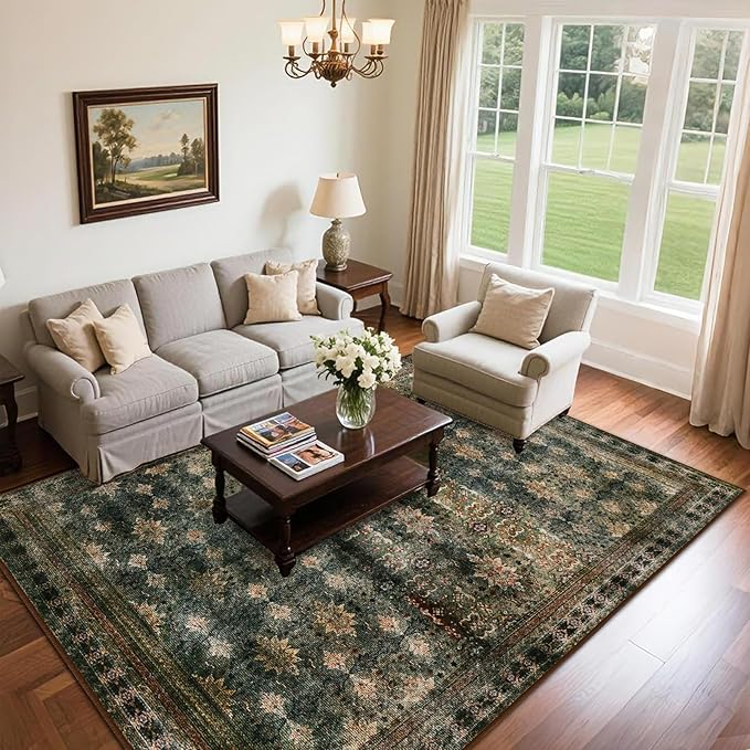 Large 8x10 Washable Area Rug for Living Room, No Shedding Vintage Floral Print Rugs Non Slip, Indoor Thin Retro Accent Carpet for Bedroom Farmhouse Dining Room(Dark Green/Brown/Multi)