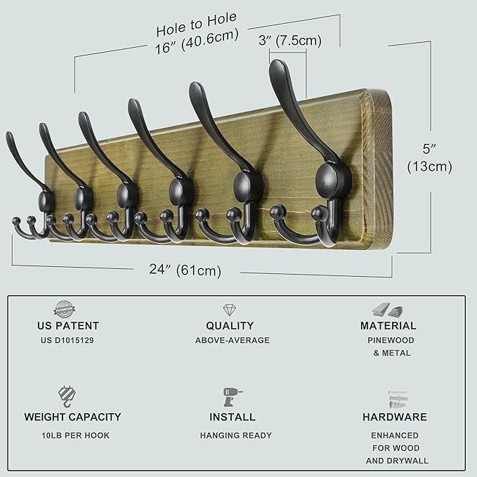 Dseap Coat Rack Wall Mounted - 24" Long 6 Tri Hooks, Heavy Duty Wooden Wall Coat Hanger Coat Hook for Clothes Hat Jacket Clothing, Weathered Green and Black, Pack of 2