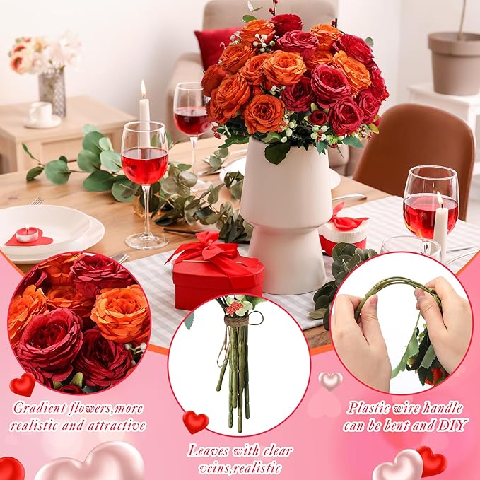 Geosar 8 Bundles Artificial Peonies Flowers Fake Silk Peony Bouquet Faux Peonies Flowers Bulk for Decoration Vase Floral Arrangements Wedding Party Table (Orange,Deep Red)
