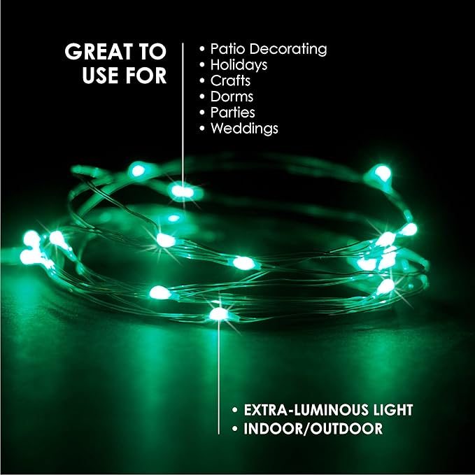 2 Sets 20 LEDs Green Color String Lights Silver Wire Indoor and Outdoor 6.5 Feet Firefly Starry Fairy Lights Battery Powered for DIY, Christmas, Holidays, Party, Bedroom and Centerpieces