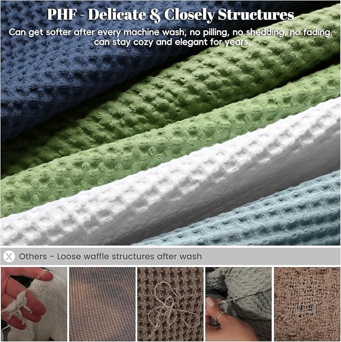 PHF 100% Cotton Waffle Weave Blanket Queen Size for Bed,Snag Proof Lightweight Breathable Moisture-Wicking Throw for Couch, Great for Layering in Cold Weather, Machine Washable, Home Decor Gift-White
