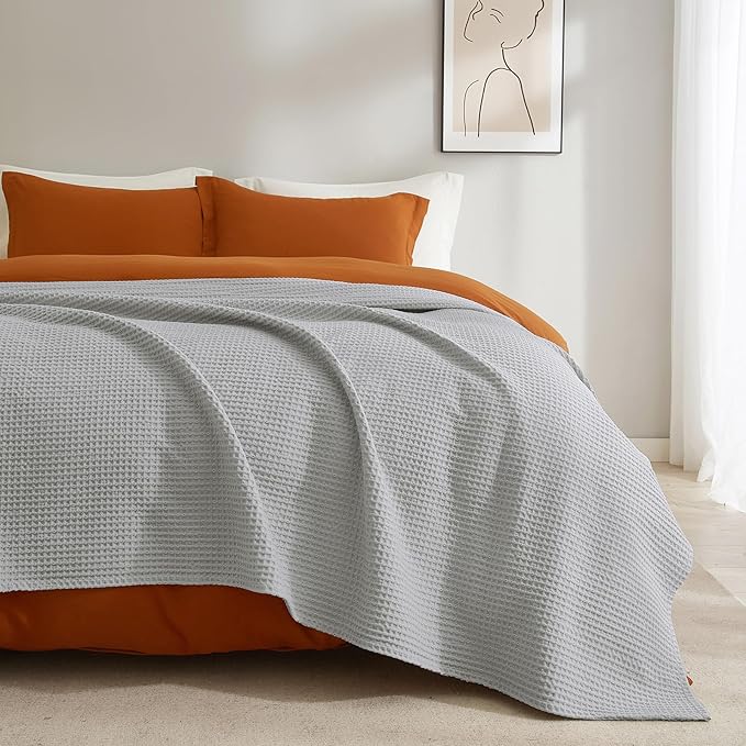 PHF 100% Cotton Waffle Weave Blanket Queen Size for Bed,Snag Proof Lightweight Breathable Moisture-Wicking Throw for Couch,Great for Layering in Cold Weather,Home Decor Gift-Light Grey