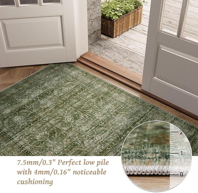 Washable 9x12 Area Rugs for Living Room, Boho Non-Slip Silicone Backing Rugs for Bedroom Dining Room Nursery Office, 0.3" Neutral Oriental Throw Carpet with 0.16" Cushioning Pad, Grass Green/Multi