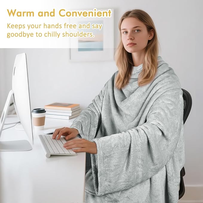 Catalonia Wearable Fleece Blanket with Sleeves and Foot Pockets for Adult Women Men, Micro Plush Comfy Wrap Sleeved Throw Blanket Robe Large, Grey