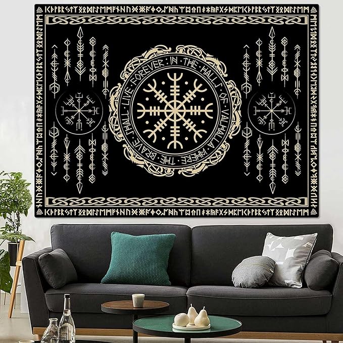 OSUNBD Nordic Vikings Tapestry Large 93x71inches Soft Flannel Vegvsir Symbol Amulet Celtic Rune Scandinavian Aesthetic Mythology Tapestry Wall Hanging for Bedroom Living Room Decor