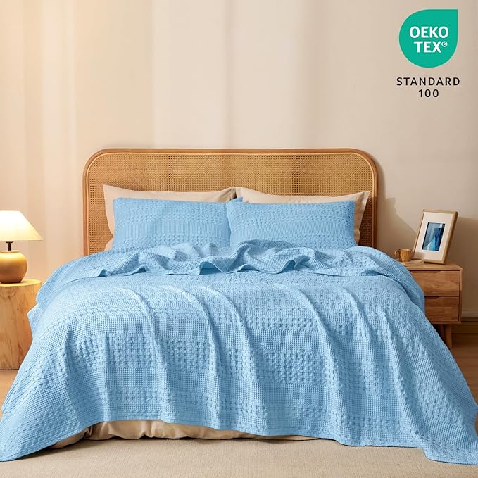 PHF 100% Cotton Waffle Weave Blanket Queen Size for Bed, Soft Lightweight & Breathable, All-Season Comfort, Luxury Aesthetic Woven Bedding for Home Decor, 90"x90", Sky Blue