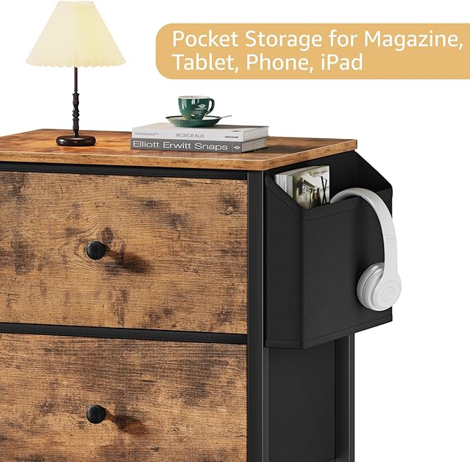 BOLUO Night Stand with Drawers for Bedroom - Small nightstand with Pocket 2 Drawer Dresser End Table Brown