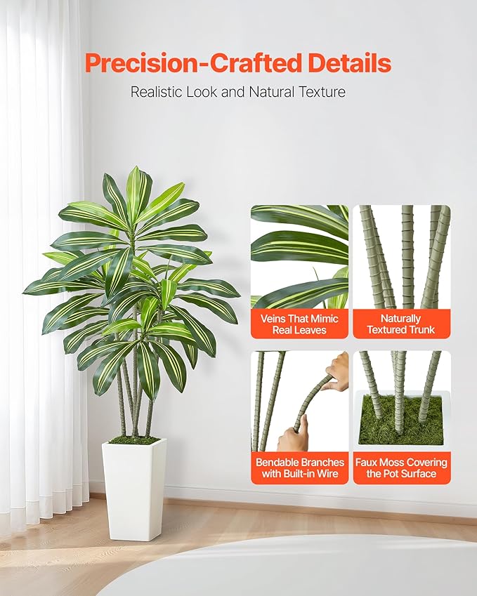VEVOR Artificial Dracaena Tree 5 ft, Fake Palm Tropical Plants with White Tall Planter, Faux Floor Silk Plant in Pot, Large Trees for Home Office Living Room Decor House Warming, Indoor Outdoor