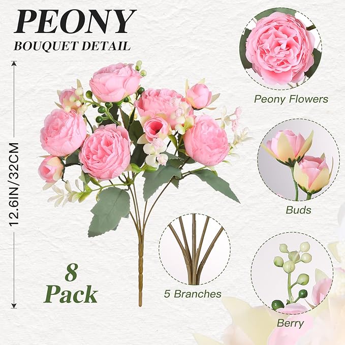 Luyue 8 Packs Peonies Artificial Flowers Vintage Faux Peony Bouquet Fake Flower for Vase Silk Floral Arrangements for Table Centerpiece Wedding Decoration Indoor Home Decor