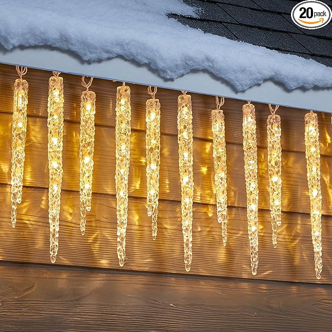 Minetom Icicle Lights Outdoor with Clips, 20ft 100 LED 20 Tubes Twinkling Crystal String Lights, Connectable Waterproof Hanging Icicle Christmas Lights Plug in for Eave Outdoor, Warm White