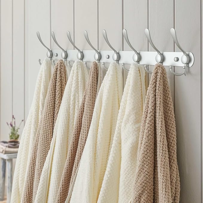 Dseap Coat Rack Wall Mount - 29.5” Long 8-Tri-Hooks Heavy Duty Coat Hanger Rail Wall Hooks for Hanging Coats Hats Clothing Clothes Purse Mudroom Entryway, Silver, Pack of 2