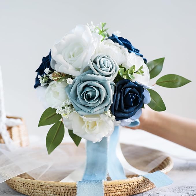 ponatia Dusty Blue Wedding Bouquets for Bride Bridesmaid, White Wedding Artificial Roses Flowers for Wedding Bouquets Ceremony, Anniversary (Dusty Blue & White)