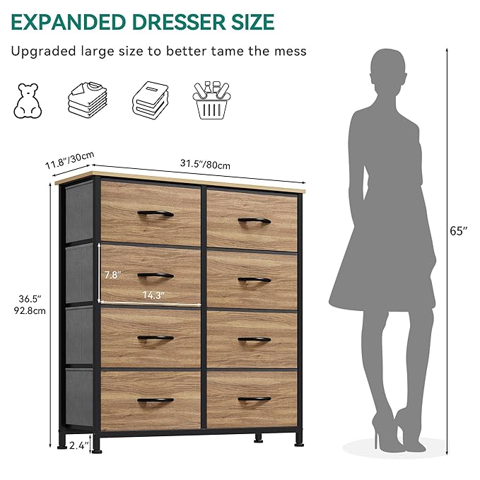 YITAHOME Dresser with 8 Drawers - Fabric Storage Tower, Organizer Unit for Bedroom, Living Room, Hallway, Closets - Sturdy Steel Frame, Wooden Top & Easy Pull Fabric Bins, Burlywood Grain