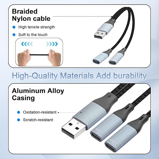 USB-C Splitter Cable,USB 2.0 Male to Dual Type-C Female Adapter Cable,USB A to Double Port Type C Splitter Charging Cable Charging and Data for Phone,Tablet,Laptop-17cm/6.6in