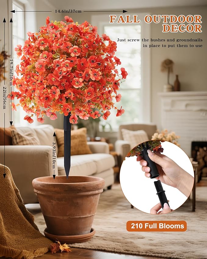 Artificial Mums Topiary Ball Tree With Flowers for Outdoors Fall Decor,23" Orange UV Resistant Fake Plants With Ground Spike Autumn Decorations for Home,Front Porch,Garden,Thanksgiving,Planters