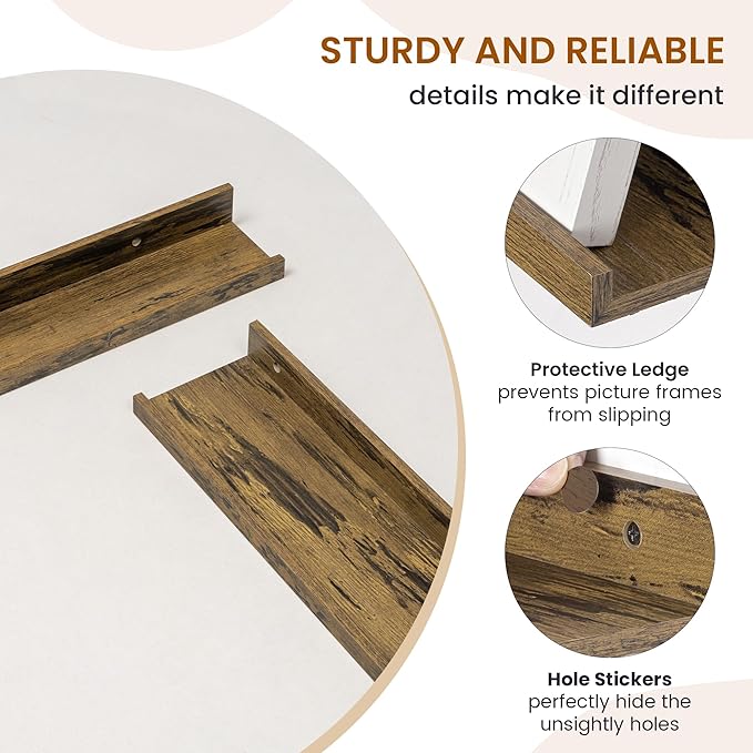 Axeman Picture Ledge Shelf, Floating Shelves for Wall Storage Set of 6, 48 inch Floating Wall Mounted Shelves, Wall Shelves with Lip for Living Room, Bedroom, Nursery, Bathroom, Kitchen, Rustic Brown