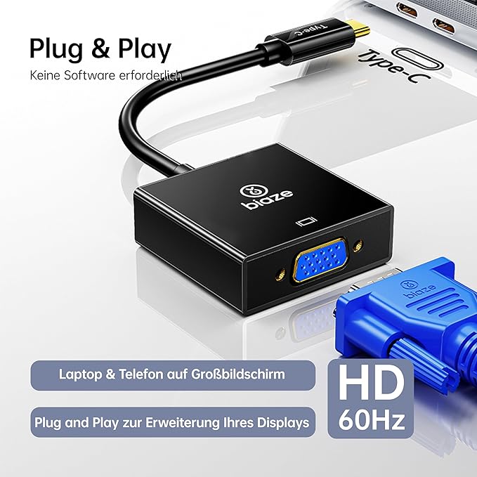USB C to VGA Adapter, Plug‑and‑Play Type C to VGA Converter for Phone, Laptops & PC – 1080p@60Hz Video Output to TV/Projector