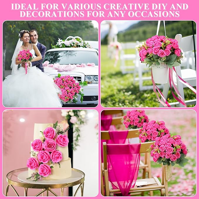 Zeyune 8 Pack 12 Inch Wedding Bouquets for Bride Bridesmaid Hot Pink Artificial Rose Bouquet Fake Silk Roses Flowers Bunches Bulk for Home Office Garden Parties Decoration