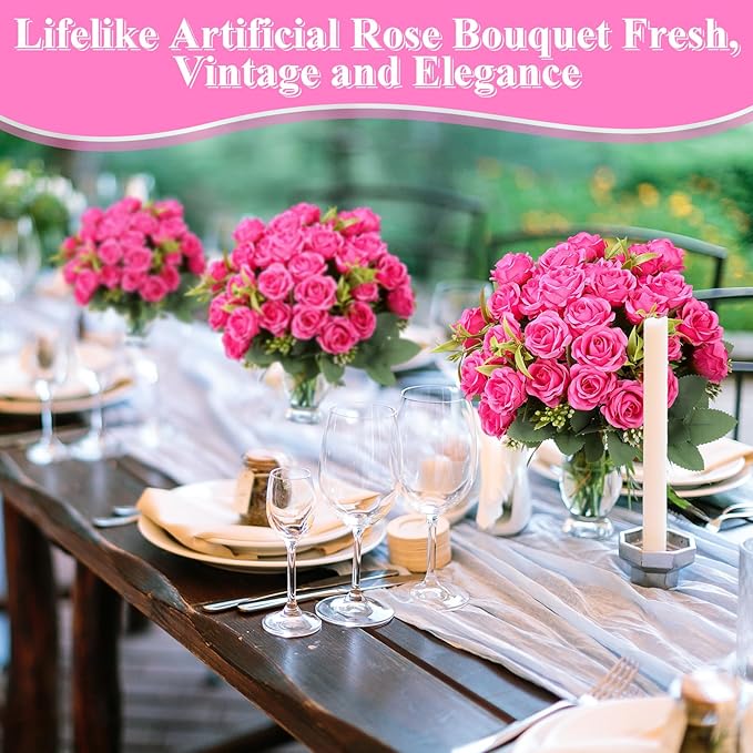 Zeyune 8 Pack 12 Inch Wedding Bouquets for Bride Bridesmaid Hot Pink Artificial Rose Bouquet Fake Silk Roses Flowers Bunches Bulk for Home Office Garden Parties Decoration