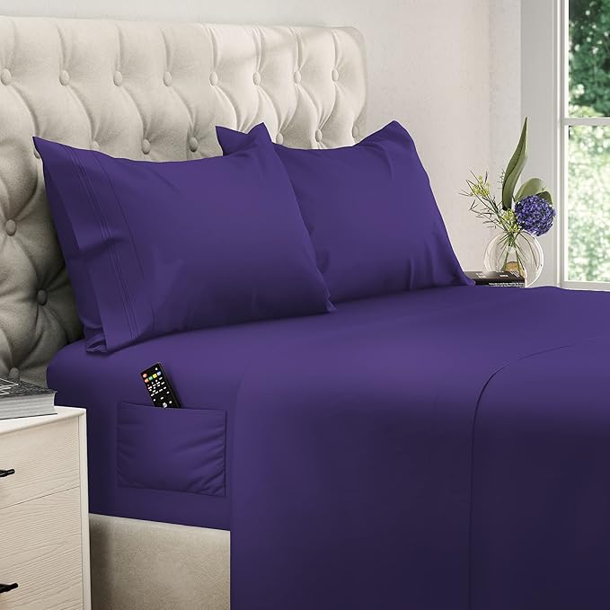 DREAMCARE California King Sheet Sets – 4 pcs Cooling Sheets – up to 21” Deep Cal King Sheets – Hotel Luxury Sheets & Pillowcases – Superior Softness 100% Fine Microfiber with Side Pocket – Purple