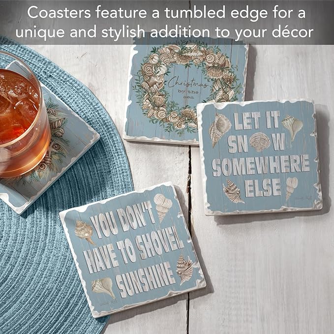 Thirstystone Let It Snow 4 Pack Assorted Tumbled Tile Stone Coasters with Protective Cork Backing 4" Square Manufactured in The USA