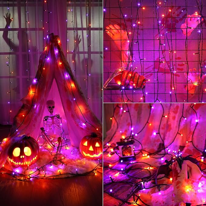 ODEETRONIC Orange & Purple Halloween Lights, 98.42ft 300 LED Orange Lights, Connectable 8 Modes Mini String Light, Plug in Twinkle Purple Halloween Light Waterproof for Holiday Party Home Garden Decor