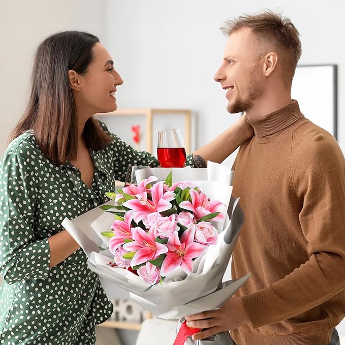 Hotop 20 Pcs Artificial Flowers Velvet Realistic Roses and Latex Lilies Flowers Bouquet Decorations Arrangements for Home Table Centerpieces Independence Day(Pink)