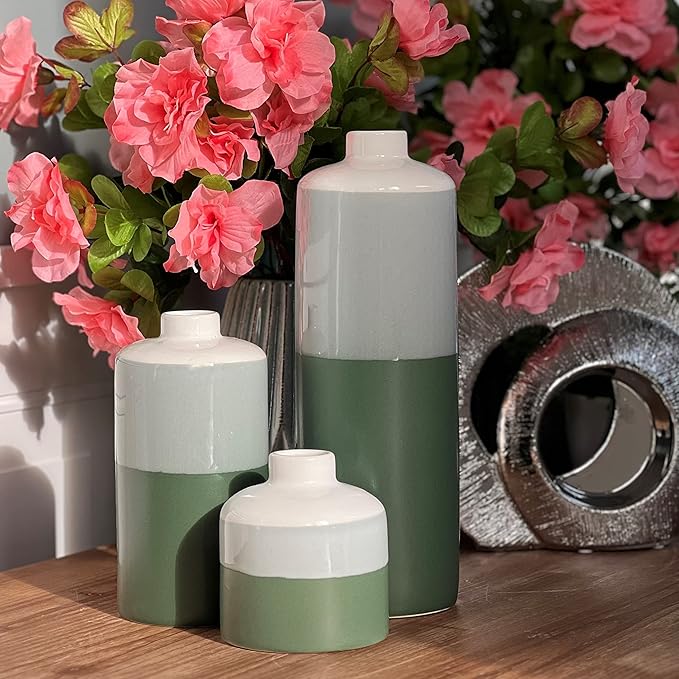 Iconic Dipped Scandinavian Style Vases, Set of 3, Glazed Porcelain, Tonal Shades, Pale Grey, Green and Dark Green, 11.5 H Inches