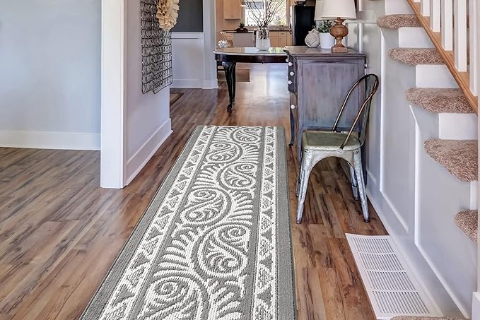 Custom Length Cut to Size Tribal Ethnic Southwestern Inspired Hallway Runner Rug, Non Slip Rubber Backed, 31 inch Wide X Customized Length, Mayan Grey, 31 inch X 10 feet