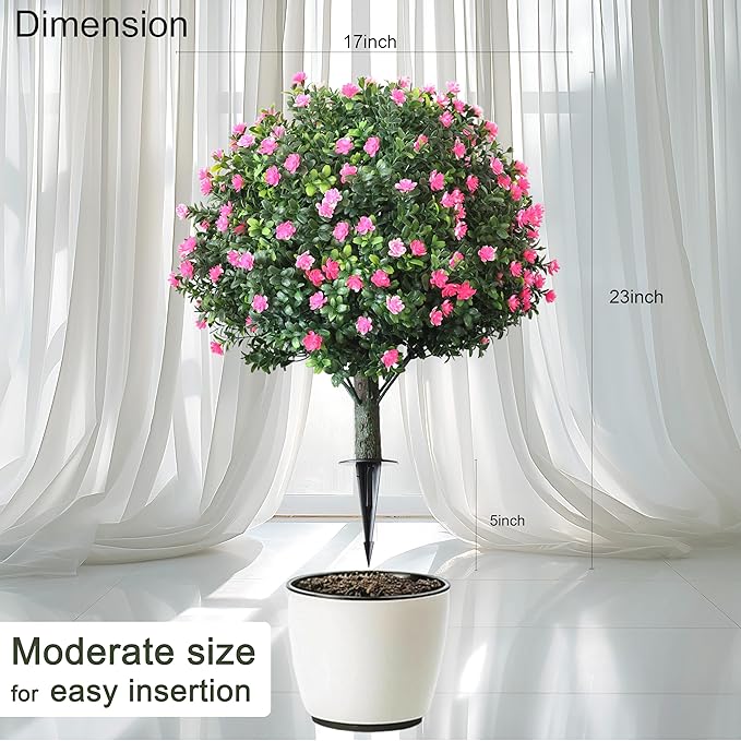 2-Pack Artificial Boxwood Topiary Ball Plant with Pink Flowers, Ground Stake, UV-Resistant Outdoor & Indoor Decorative Flowers