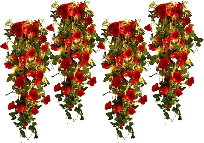 RECUTMS Hanging Rose Flowers Artificial Vines for Outdoors with 30 LED Fairy String Lights Indoor Home Garden Wall Wedding (Red)