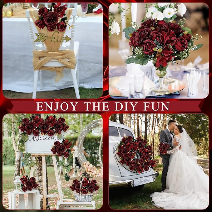 Peony Artificial Flowers, Faux Peonies Hydrangea Eucalyptus Bouquet 12 Packs Silk Vintage Realistic Peony Floral Arrangement for Vase Wedding Centerpiece Table Home Party Decor-Burgundy