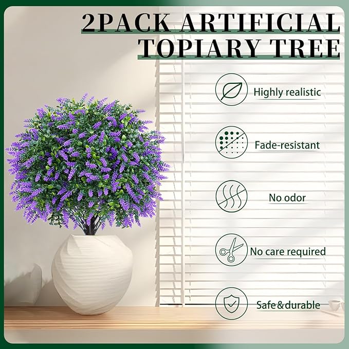 Artificial Lavender Topiary Ball Trees,2 Set of 16'' UV Resistant Fake Evergreen Shrubs Bushes Plants with Ground Spike, Fake Plants for Outdoor Indoor Front Porch Garden