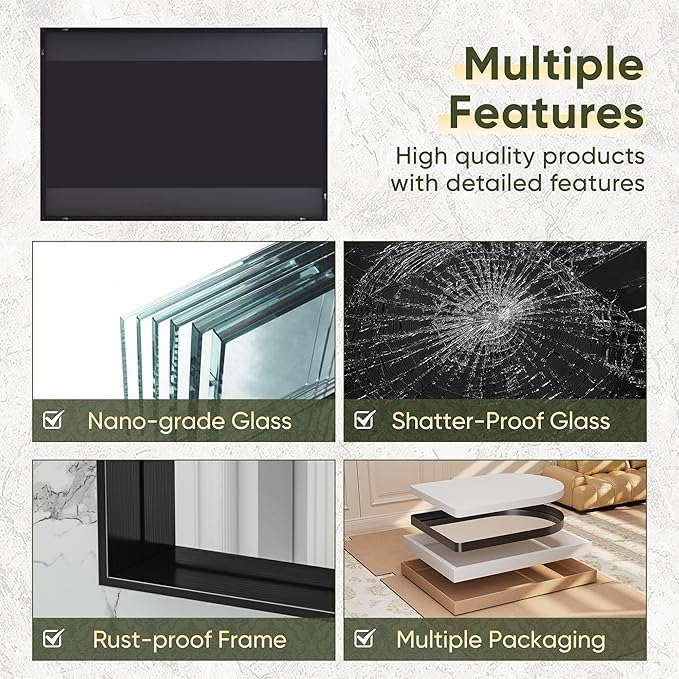 Suidia Bathroom Mirror, 60" x 40" Wall Mirror Metal Framed, Bathroom Vanity Mirror for Living Room Bedroom Bathroom Entryway, Black, Rect Corner Style