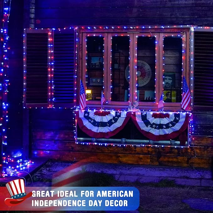 JMEXSUSS 4 Pack 50LED Red White Blue Fairy Lights Battery Operated for 4th of July, Patriotic Lights for Independence Day Decorations