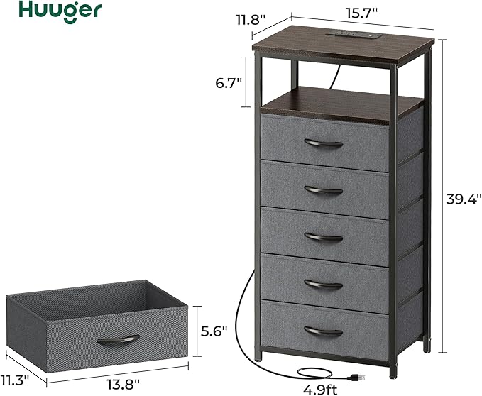 Huuger 5 Drawers Dresser with Charging Station, Dresser for Bedroom, Tall Night Stand, Chest of Drawers with Open Shelf, Bedside Table Nightstand, Fabric, for Entryway, Adult Only, Walnut
